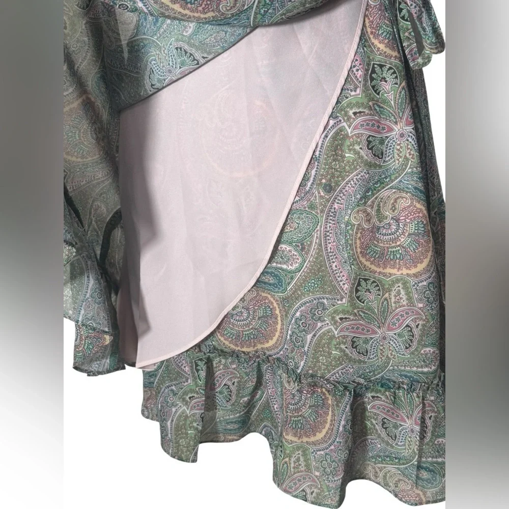 ALLSAINTS Zini Shahmina Paisley Wrap Mini Short Sleeve Dress Green Pink size 6 - Picture 10 of 17